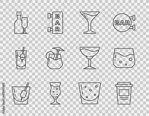 Set line Cocktail Bloody Mary, Coffee cup to go, Martini glass, Glass beer, Wine bottle with, rum and whiskey icon. Vector