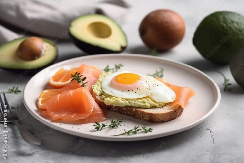 Healthy keto breakfast with eggs, salmon and avocado on a plate, restaurant serving. Generative AI.