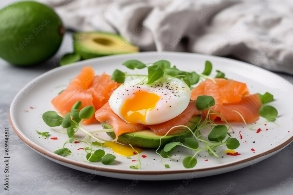 Healthy keto breakfast with eggs, salmon and avocado on a plate, restaurant serving. Generative AI. Healthy keto breakfast with eggs, salmon and avocado on a plate, restaurant serving. Generative AI.