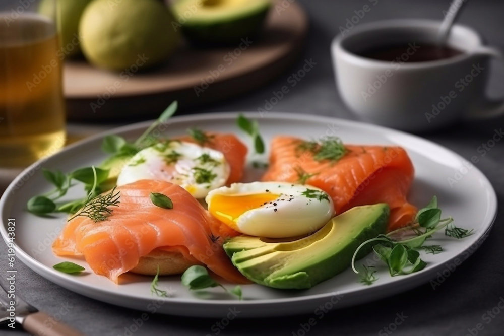Healthy keto breakfast with eggs, salmon and avocado on a plate, restaurant serving. Generative AI. Healthy keto breakfast with eggs, salmon and avocado on a plate, restaurant serving. Generative AI.