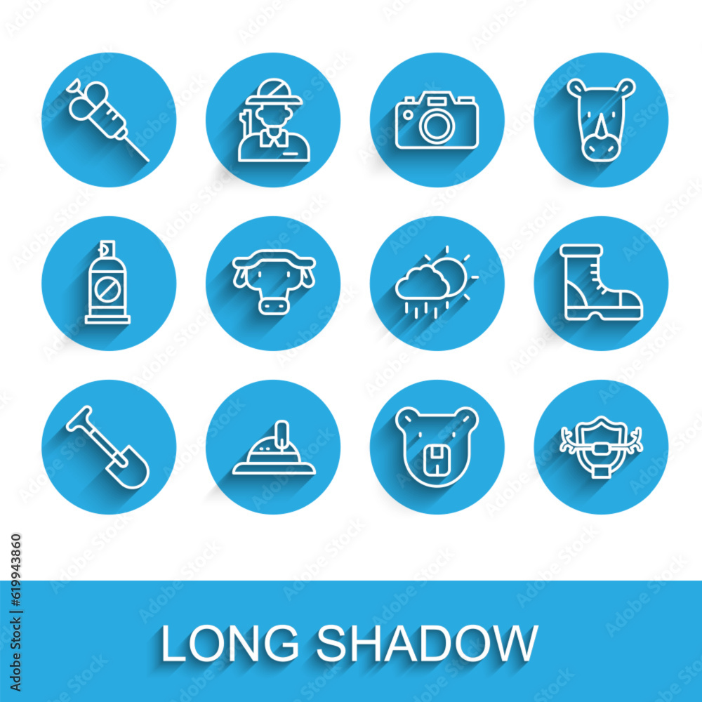 Set line Shovel, Hunter hat, Syringe, Bear head, Deer antlers on shield, African buffalo, boots and Cloud with rain icon. Vector Set line Shovel, Hunter hat, Syringe, Bear head, Deer antlers on shield, African buffalo, boots and Cloud with rain icon. Vector