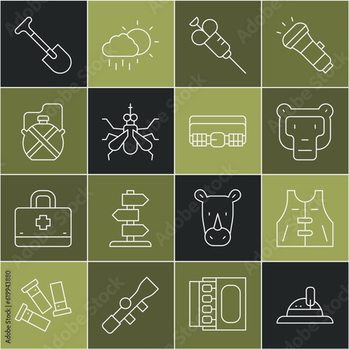 Set line Hunter hat, Hunting jacket, Monkey, Syringe, Mosquito, Canteen water bottle, Shovel and cartridge belt icon. Vector