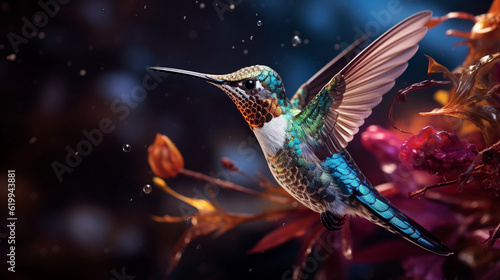 Vibrant Wonders: A Multicolored Metallic Hummingbird Sipping Iced Nectar from a Frozen Flower in Winter