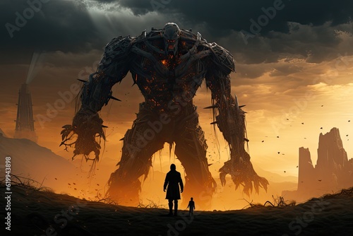 Fantasy Warrior standing in front of a giant monster. 
