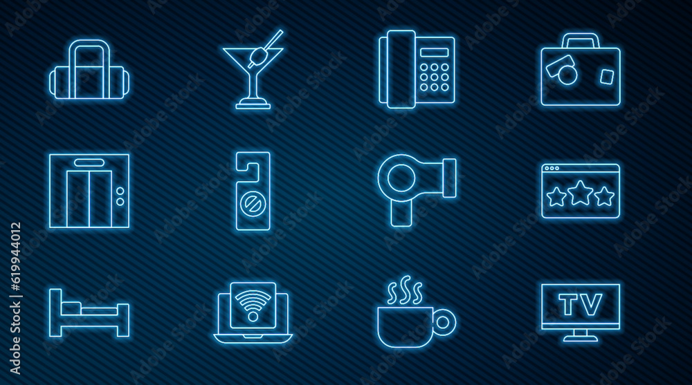Set line Smart Tv, Five stars rating review, Telephone handset, Please do not disturb, Lift, Suitcase, Hair dryer and Martini glass icon. Vector Set line Smart Tv, Five stars rating review, Telephone handset, Please do not disturb, Lift, Suitcase, Hair dryer and Martini glass icon. Vector