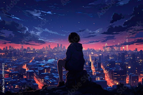 Anime character watchin the city lights at night 