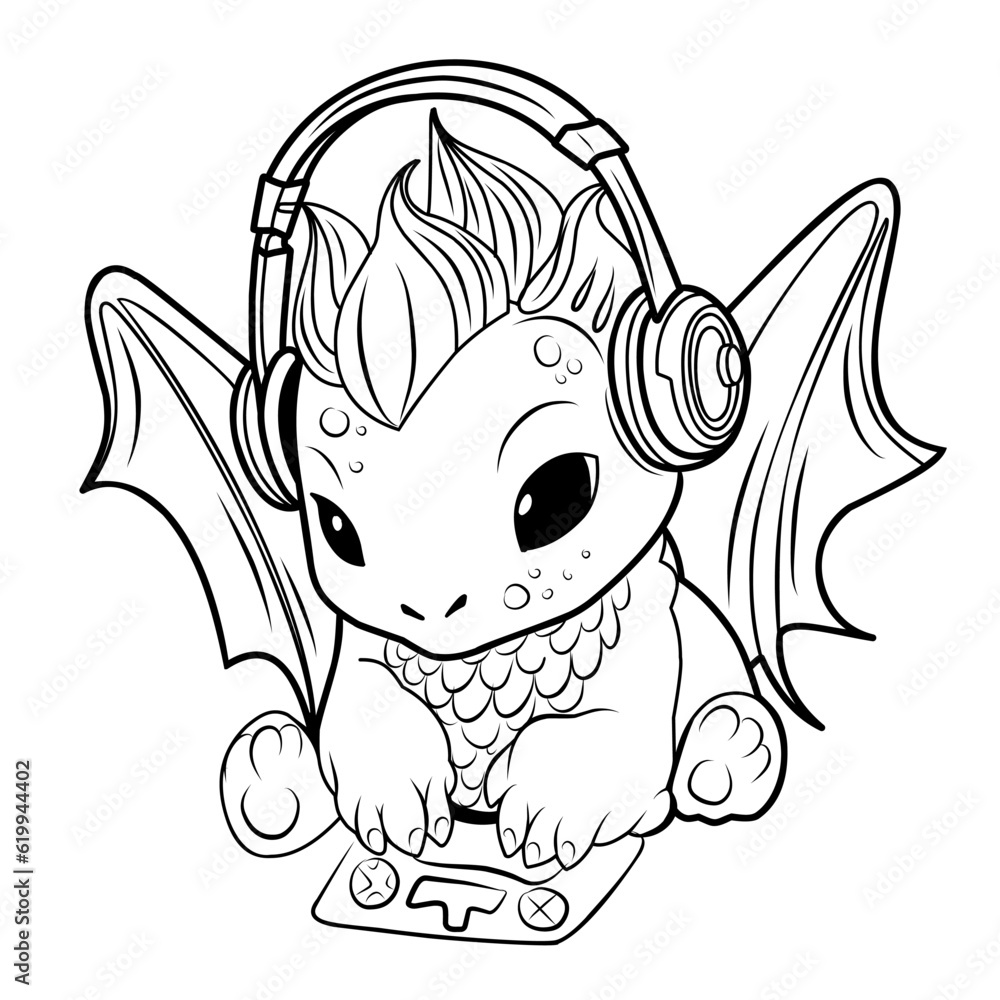Cute dragon for gamer.Game addict.Simple line illustration for coloring