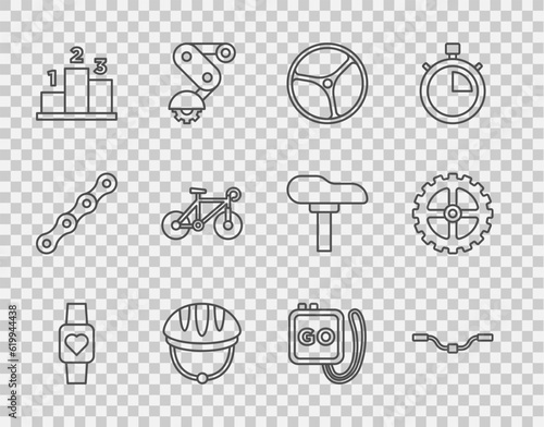 Set line Smart watch, Bicycle handlebar, wheel, helmet, Award over sports winner podium, Stopwatch and sprocket crank icon. Vector