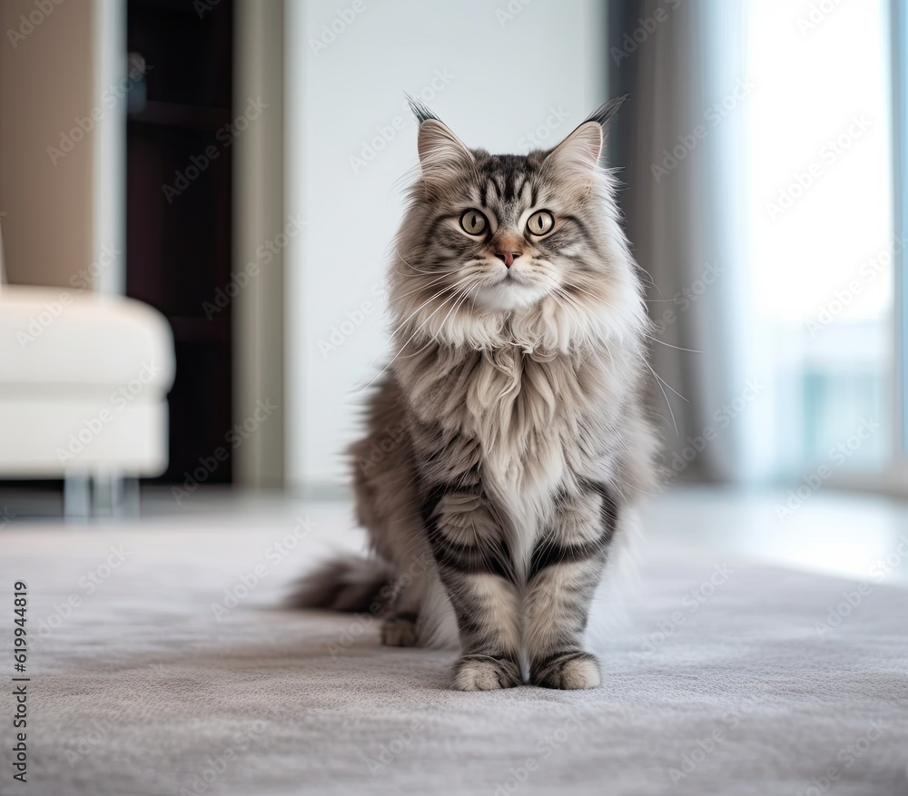 Fluffy gray cat stands on white carpet in modern apartment generative ai