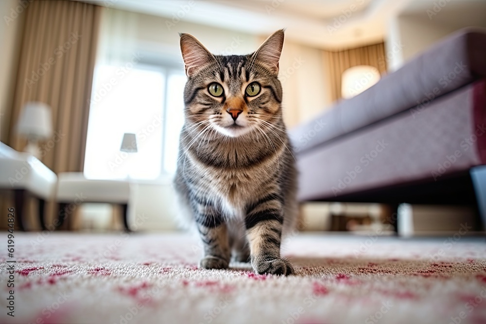 Obraz premium Tabby gray cat stands on carpet in modern apartment generative ai