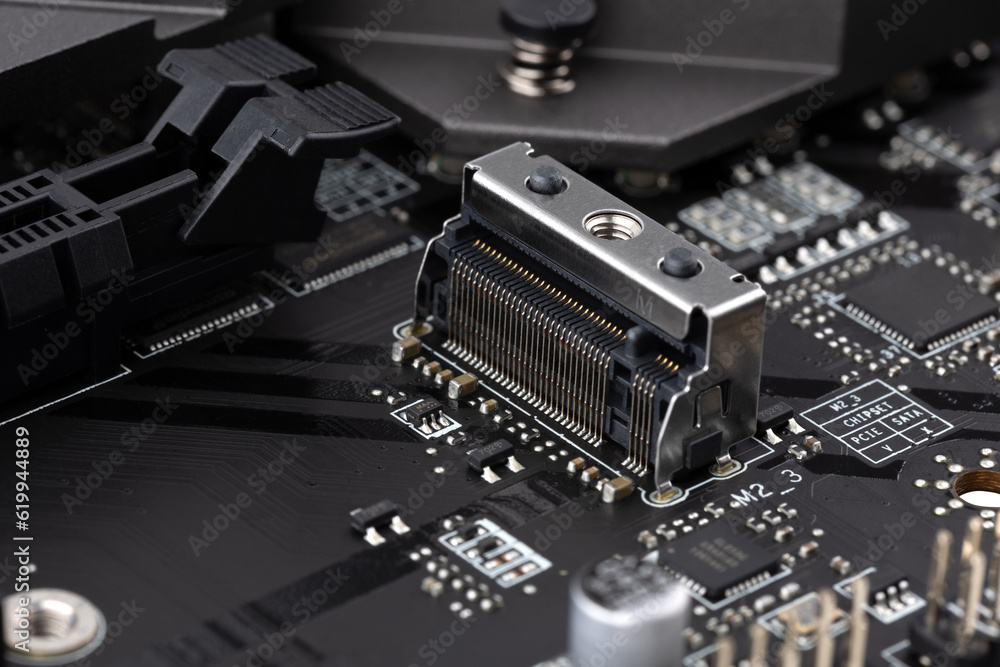 PC motherboard close-up. Socket for ssd drive on the motherboard close-up. PC motherboard close-up. Socket for ssd drive on the motherboard close-up.