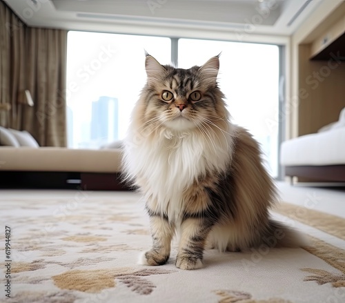 Fluffy cat stands on white carpet in modern apartment generative ai
