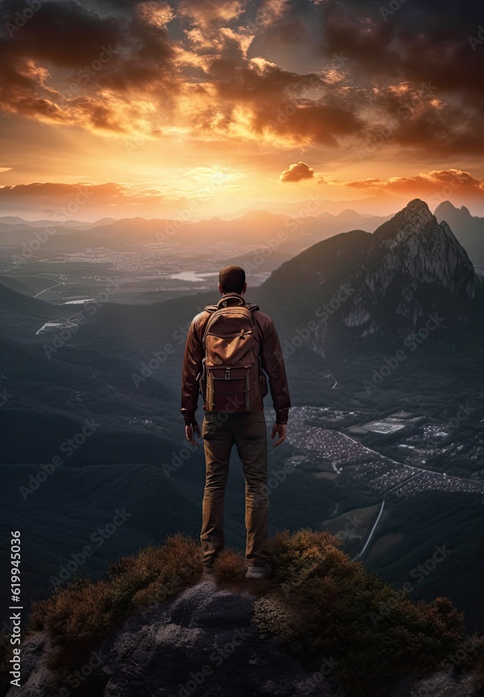 Man with backpack stands on top of mountain and looking at landscape with mountain ranges, travel or successful business concept generative ai