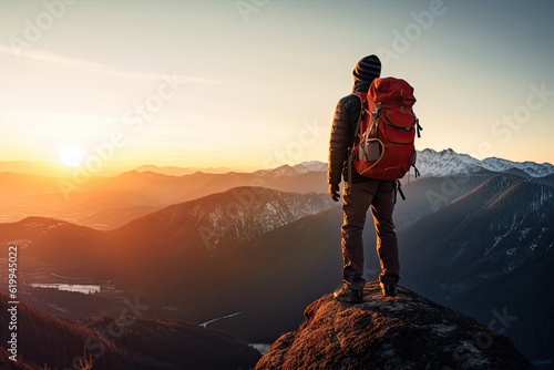 Man with backpack stands on top of mountain and looking at landscape with mountain ranges, travel or successful business concept generative ai