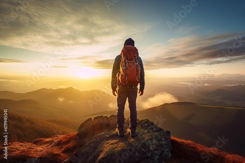 Man with backpack stands on top of mountain and looking at landscape with mountain ranges, travel or successful business concept generative ai © GulArt