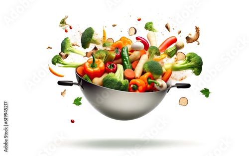 Vegetables in pan and food pieces floating in the air isolated on white background Generative AI