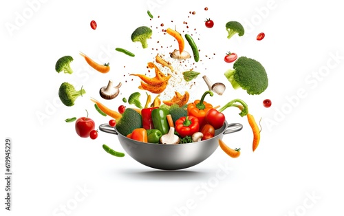 Vegetables in pan and food pieces floating in the air isolated on white background Generative AI 