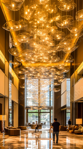 Creating an Illuminating decorate interior with a Modern Style and Elegance with Hanging Chandeliers in High Ceiling Lobby