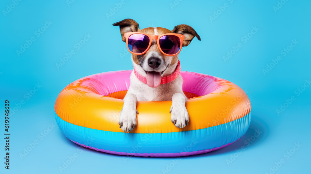 puppy dog summer inside of a inflatable wearing sunglasses, generative ai