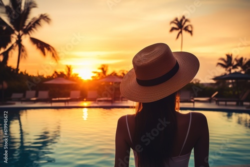 woman in straw hat looking over pool at sunset, vacation and travel concept