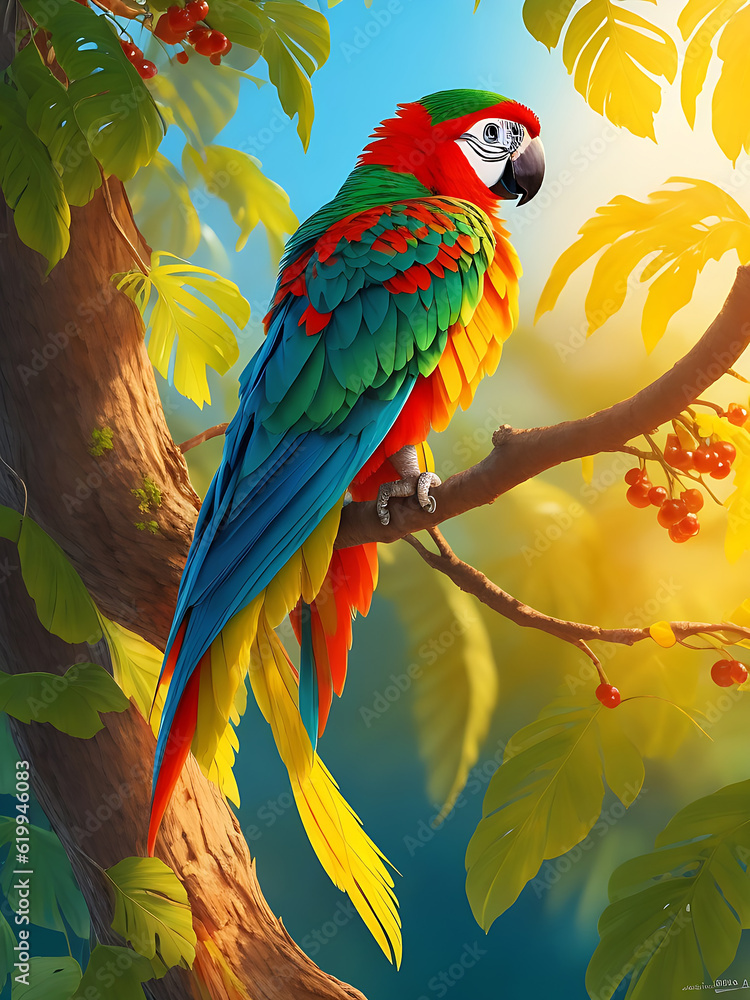 Colorful macaw parrot flying in the sky and in the forest