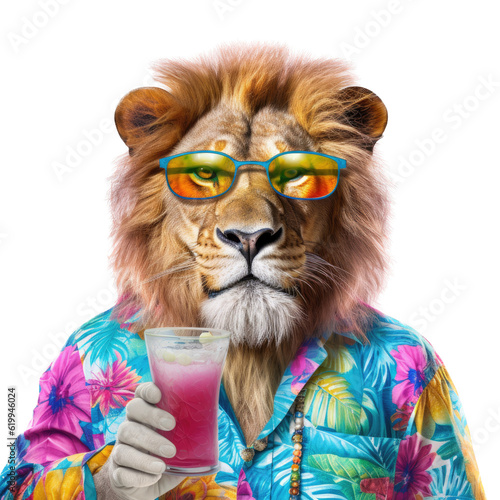 a Male Lion as a party animal, a cool cat, in a Hawaiian shirt holding a drink in a Fun Party-themed, photorealistic illustration in a PNG, cutout, and isolated. Generative AI