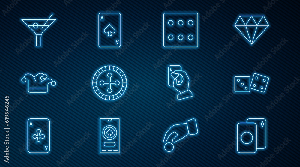 Set line Deck of playing cards, Game dice, Casino roulette wheel, Joker, Martini glass, Hand holding and Playing with spades icon. Vector Set line Deck of playing cards, Game dice, Casino roulette wheel, Joker, Martini glass, Hand holding and Playing with spades icon. Vector