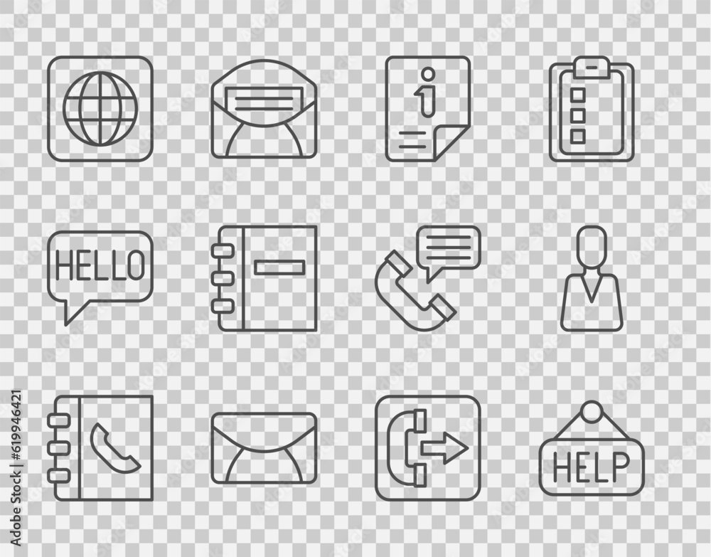 Set line Phone book, Signboard with text Help, Information, Mail and e-mail, Worldwide, Notebook, Outgoing call phone and Employee icon. Vector Set line Phone book, Signboard with text Help, Information, Mail and e-mail, Worldwide, Notebook, Outgoing call phone and Employee icon. Vector