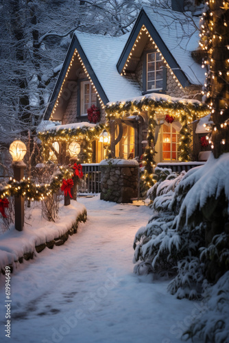 Illustration, AI generation. house decorated with Christmas garlands for the New Year. Outdoors. © MaskaRad