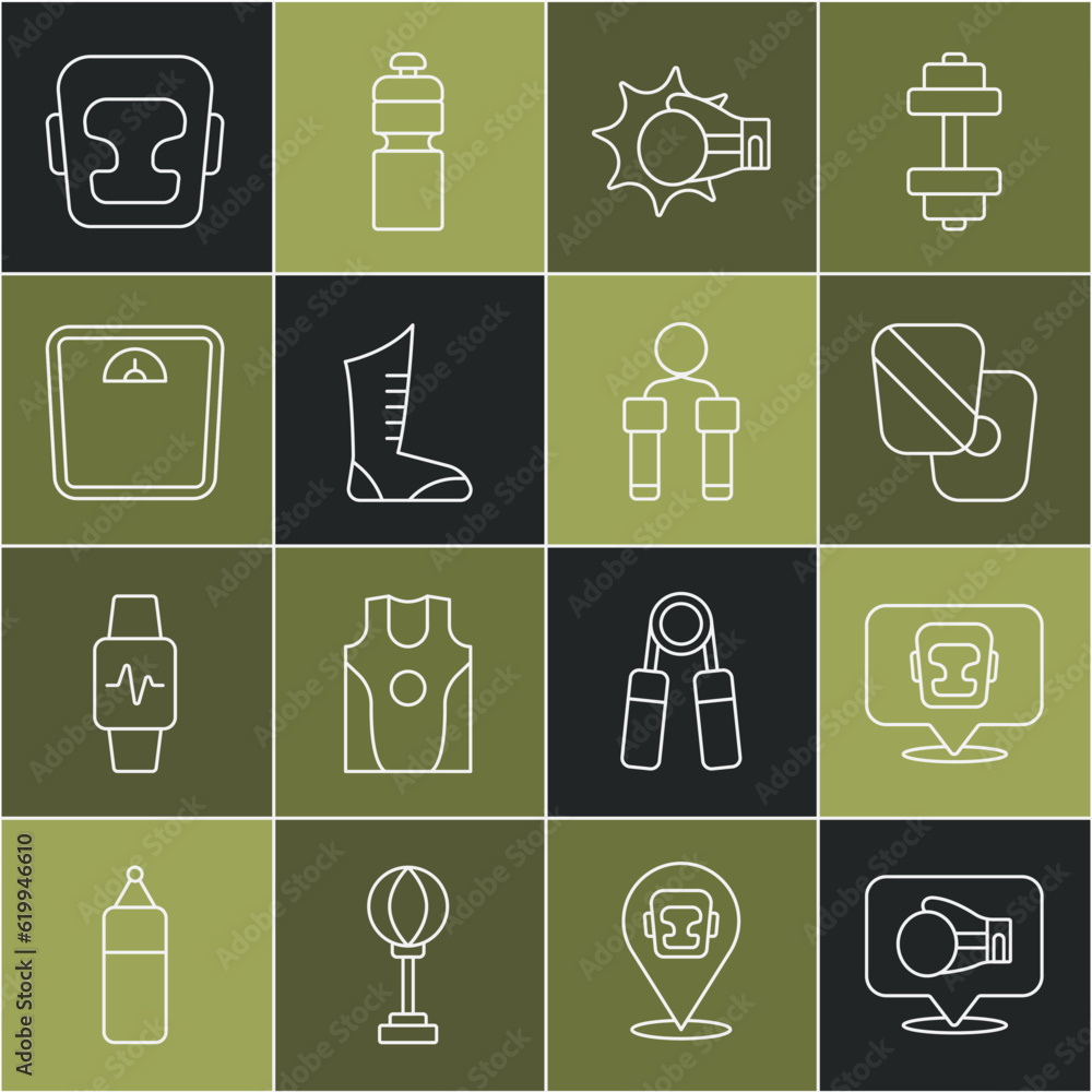 Set line Boxing glove, helmet, training paws, Punch boxing, Sport shoes, Bathroom scales, and Jump rope icon. Vector Set line Boxing glove, helmet, training paws, Punch boxing, Sport shoes, Bathroom scales, and Jump rope icon. Vector