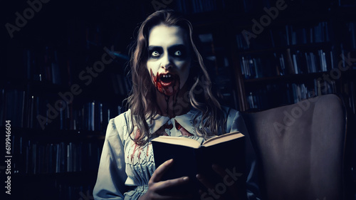 Scary horror scene for background. Close-up portrait of horrible zombie woman. Horror. Halloween 3d render background