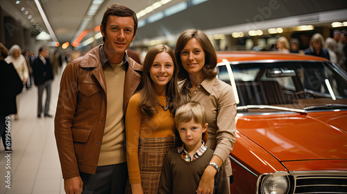 A family goes shopping in a 1970's / 1980's retro style. 