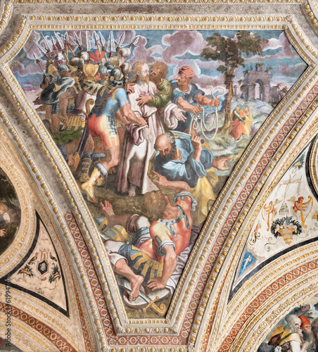 Bilde på lerret NAPLES, ITALY - APRIL 23, 2023: The fresco of Aresting of Jesus in Gethsemane garden in the church Chiesa di San Giovanni a Carbonara by unknown mannerist painter from years (1570 - 1575)