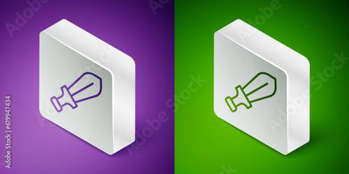 Isometric line Sword toy icon isolated on purple and green background. Silver square button. Vector