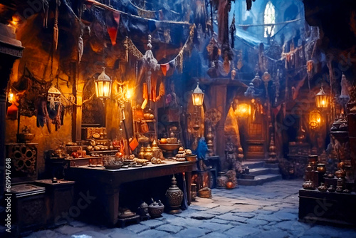 ancient shop in eastern bazaar with lamps, brass trinkets, mysterious objects