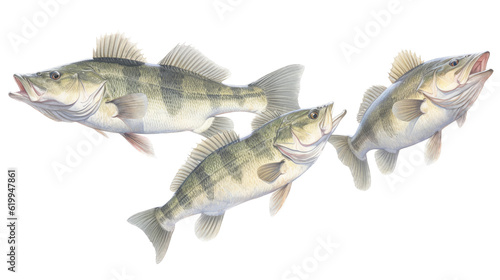 a group of Large-mouth bass, Micropterus salmoides in various positions in Aquatic-themed, photorealistic illustrations in a PNG, cutout, and isolated. Generative ai