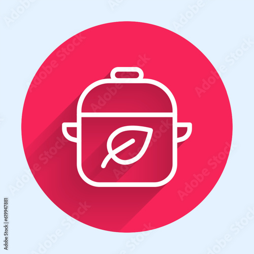White line Vegan food diet icon isolated with long shadow background. Organic, bio, eco symbol. Vegan, no meat, lactose free, healthy, fresh and nonviolent food. Red circle button. Vector