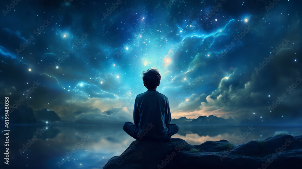 Boy sitting before ethereal celestial stars and night sky over nature landscape in dreamy surreal fantasy. Depicts feelings of wonder and enchantment.