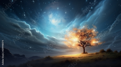Ethereal celestial stars and night sky over nature landscape in dreamy surreal fantasy. Depicts feelings of wonder and enchantment.