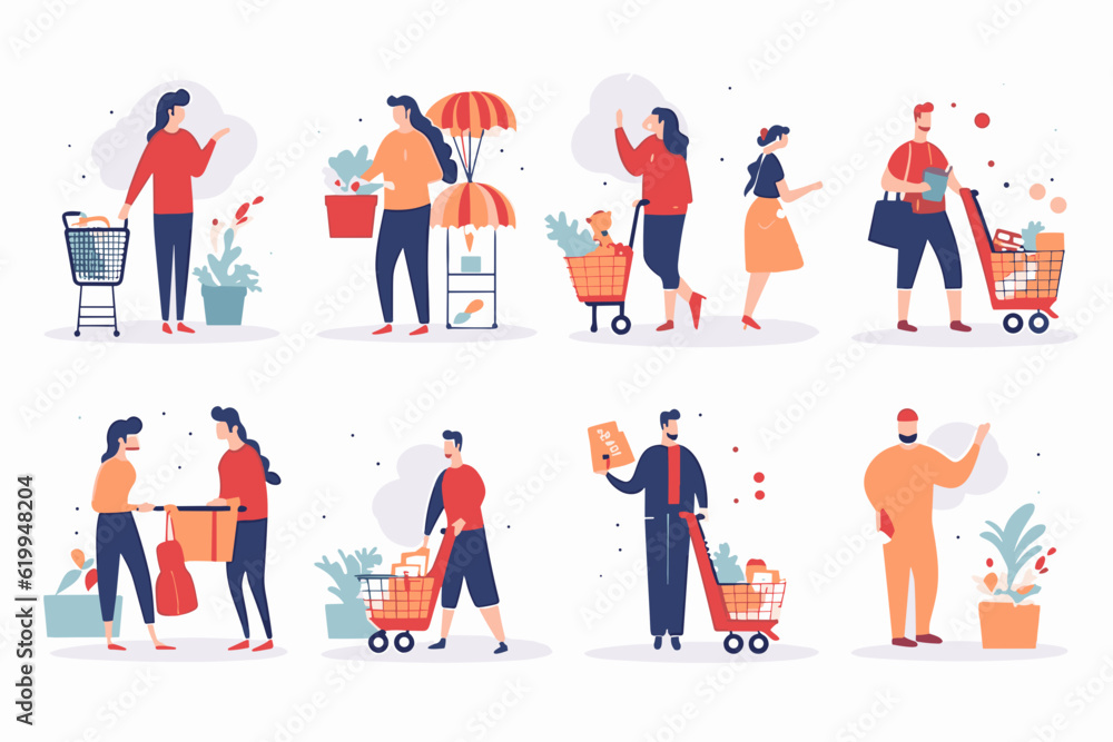 Vector illustrations of men and women engaged in online shopping activities, including ecommerce, sales, product ordering, and delivery. Ideal for modern graphic and web design.
