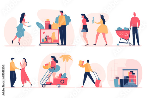 Vector illustrations of men and women engaged in online shopping activities  including ecommerce  sales  product ordering  and delivery. Ideal for modern graphic and web design.