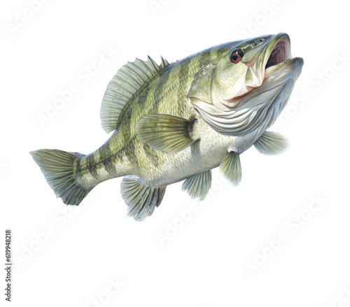 a Large-mouth bass, Micropterus salmoides in various positions in Aquatic-themed, photorealistic illustrations in a PNG, cutout, and isolated. Generative AI