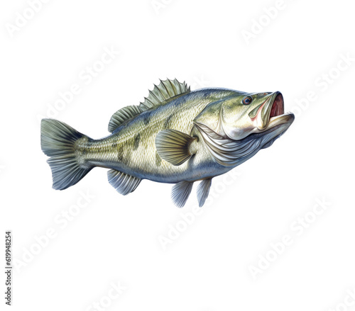 a Large-mouth bass, Micropterus salmoides in various positions in Aquatic-themed, photorealistic illustrations in a PNG, cutout, and isolated. Generative AI