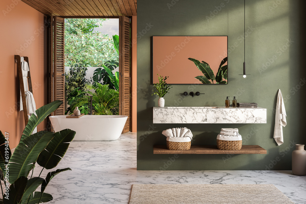 Naklejka premium Modern contemporary style bathroom with tropical style yard view 3d render,There are marble floor and green and orange wall decorated with marble basin counter and black framed mirror