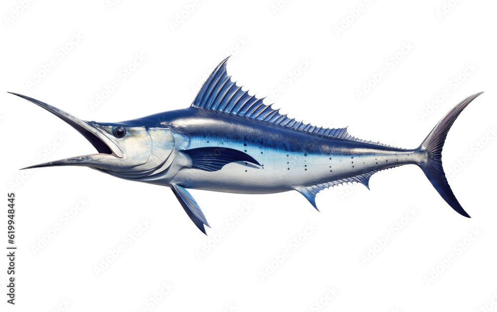Obraz premium a Blue Marlin, Makaira nigricans swimming in various positions in Fishing and Aquatic-themed, photorealistic illustrations in a PNG, cutout, and isolated. Generative AI