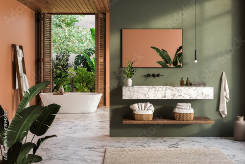 Modern contemporary style bathroom with tropical style yard view 3d render,There are marble floor and green and orange wall decorated with marble basin counter and black framed mirror