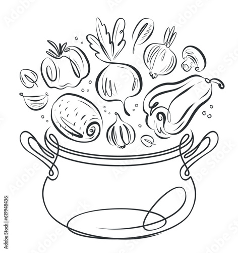 Vegetables falling into pot. Healthy eating, vegetarian food. Cooking vector illustration
