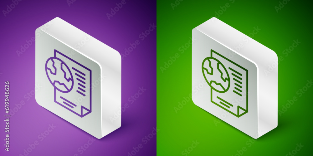 Isometric line Earth globe with document icon isolated on purple and green background. World or Earth sign. Global internet symbol. Geometric shapes. Silver square button. Vector