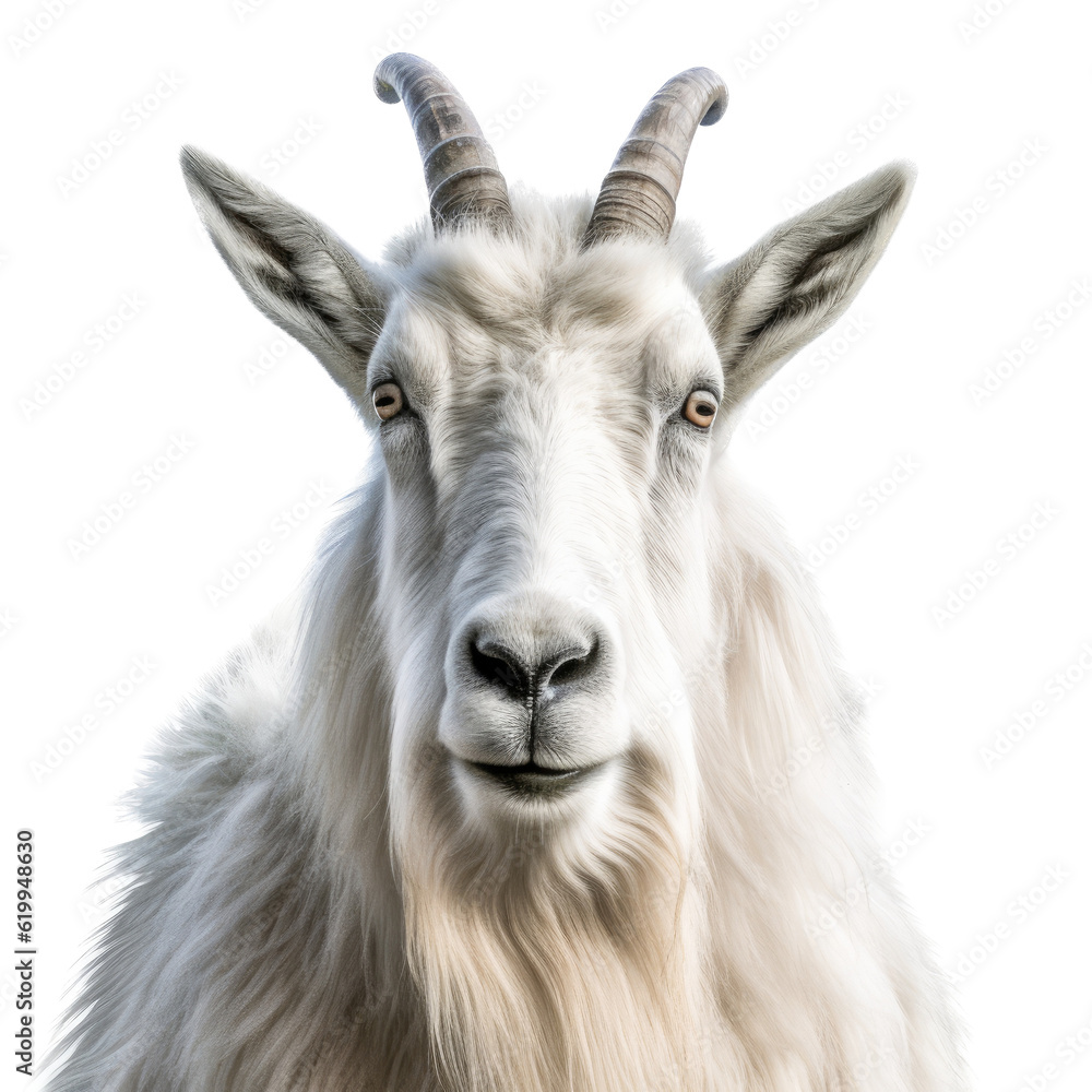 Obraz premium a Mountian Goat portrait front view, in an isolated and transparent PNG in a Wildlife-themed, photorealistic illustration. Generative ai