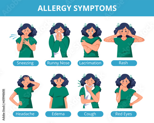 Allergy Symptoms. Informational medical poster with text and a woman suffering from allergies. Vector illustration in flat style, isolated on a white background